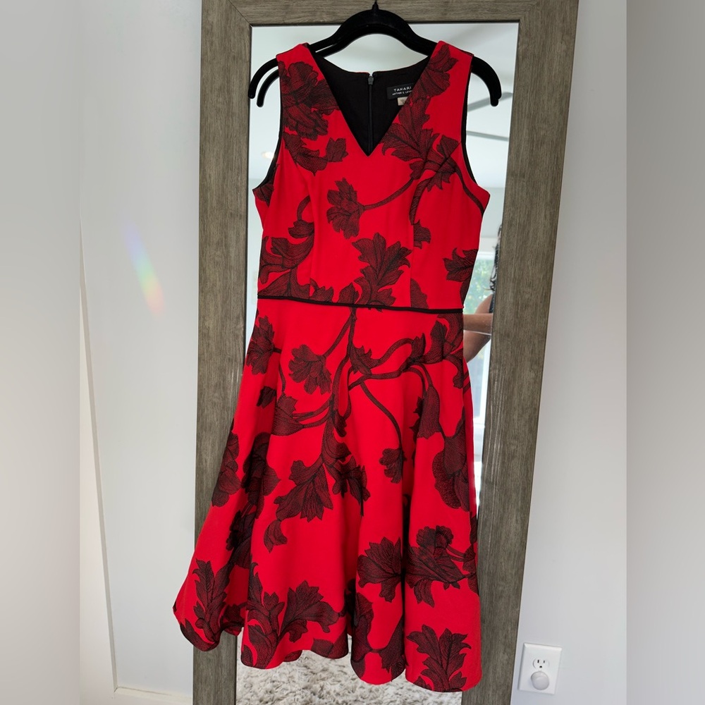 TAHARI Elegant Red and Black Floral Dress